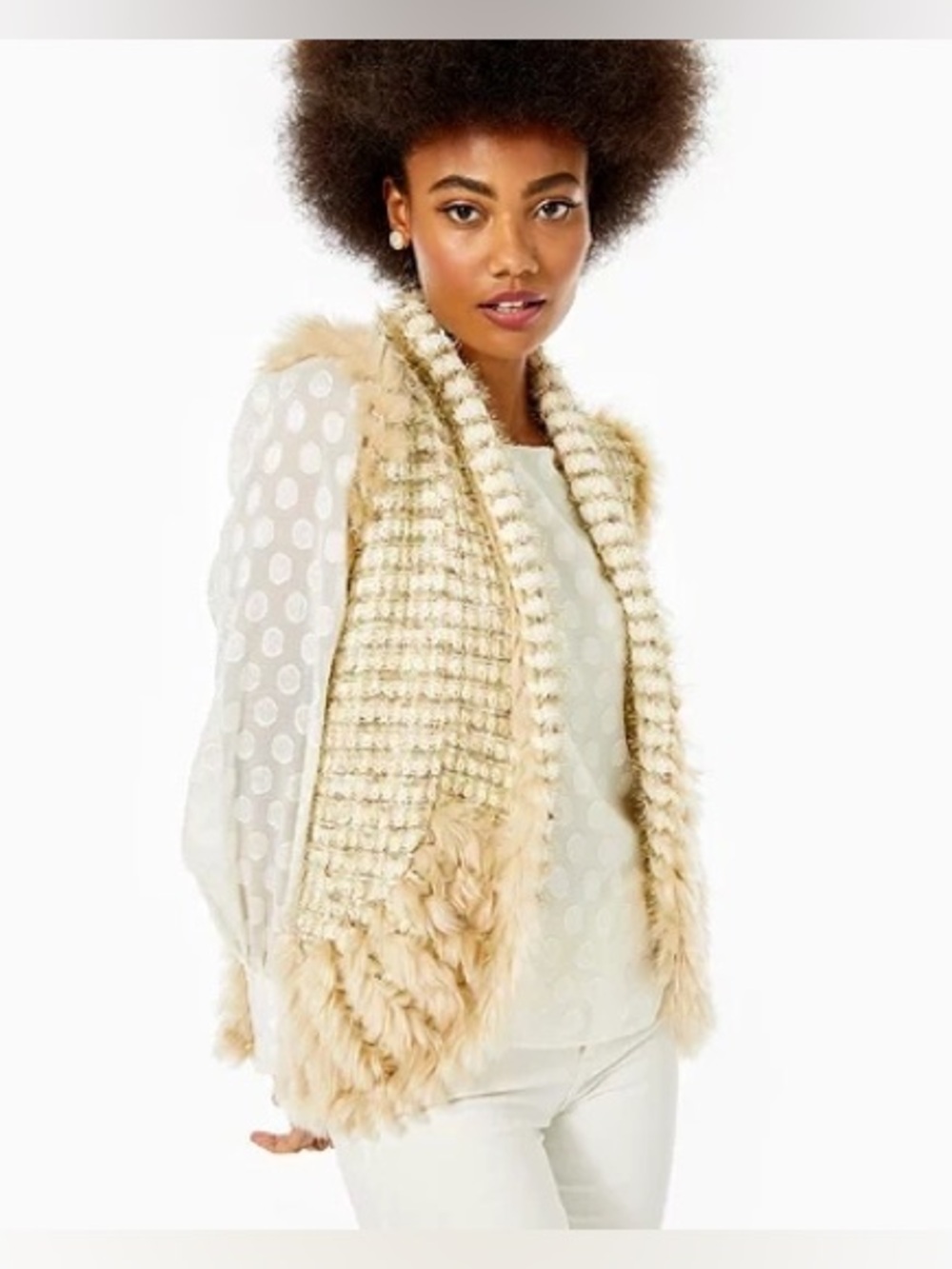 Lilly Pulitzer Torini Faux Fur Sparkle Vest In Sandbank Metallic Party - Picture 1 of 5